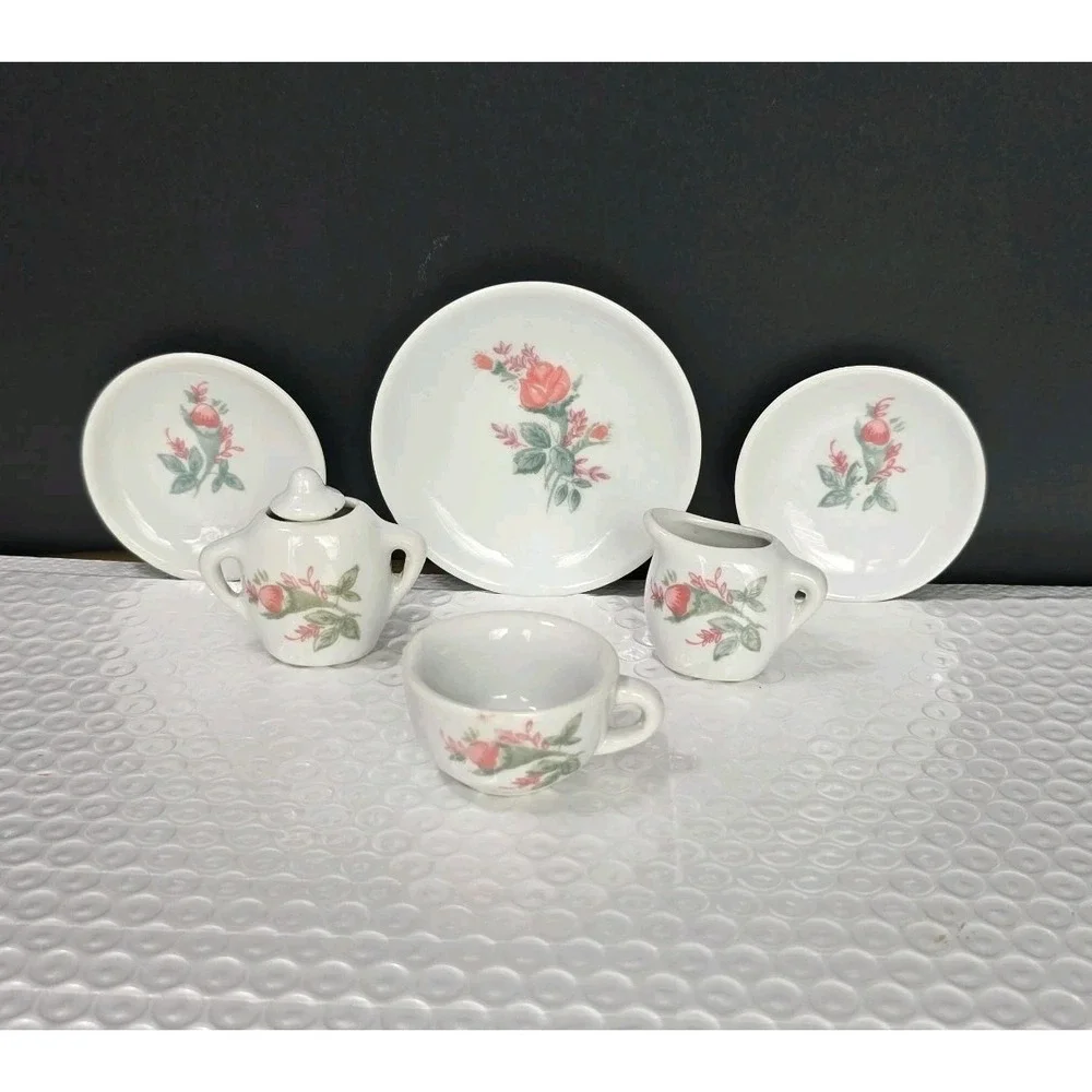 Children's Mini Porcelain Tea Set Roses Dollhouse Floral 7-pc Partial Set VTG